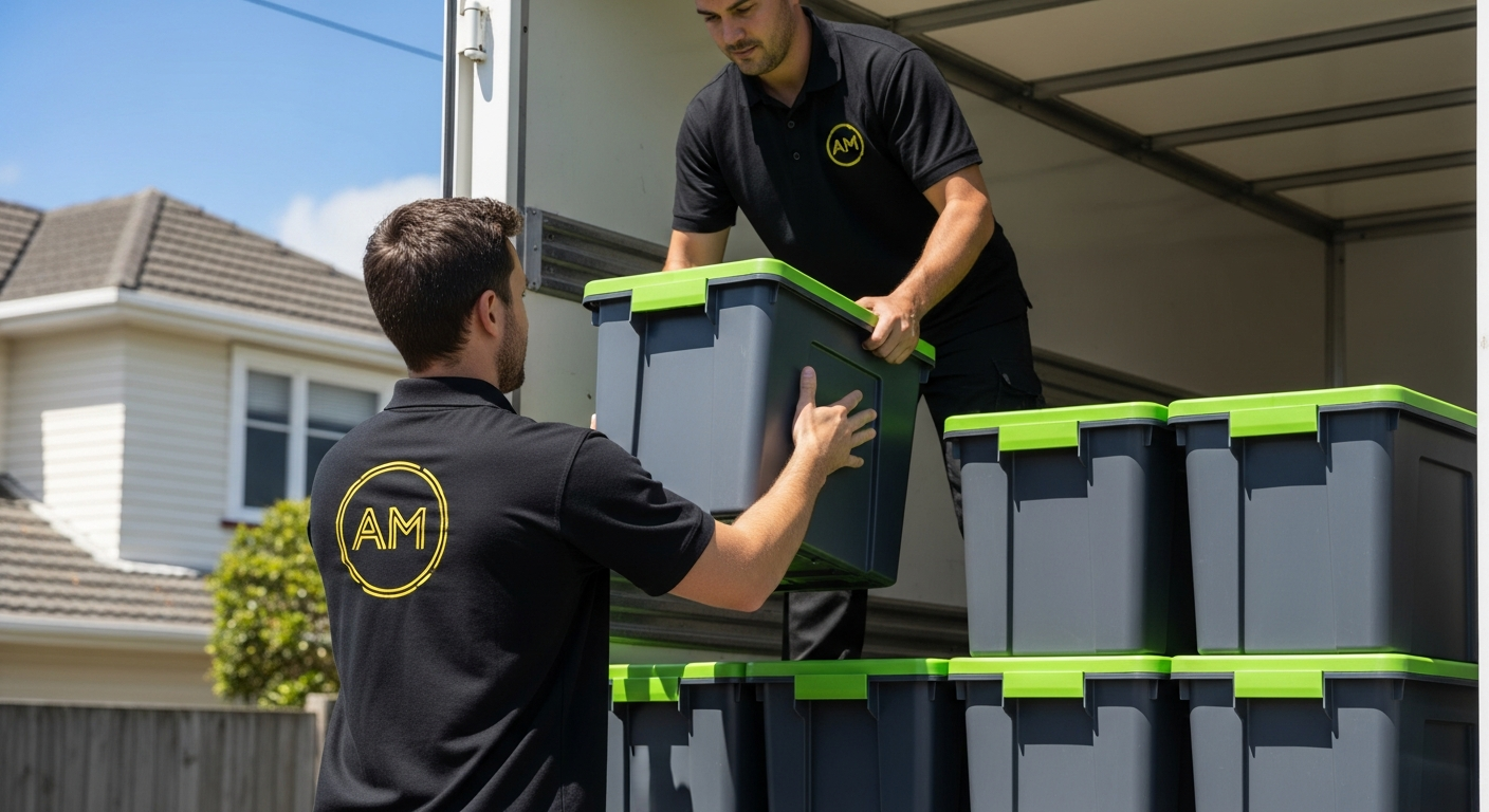 Auckland Movers loading heavy-duty eco bins into a white moving truck