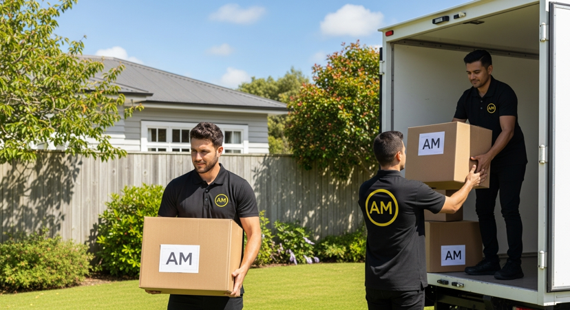 Auckland Movers team loading boxes into white moving truck outside a New Zealand weatherboard home
