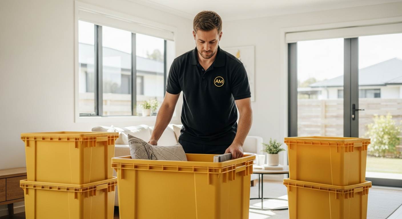 Auckland mover placing household items into a heavy-duty plastic moving crate inside a bright NZ home