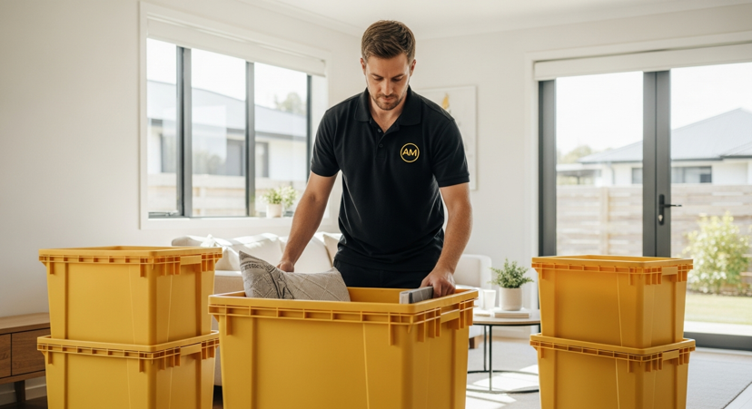 Auckland mover placing household items into a heavy-duty plastic moving crate inside a bright NZ home
