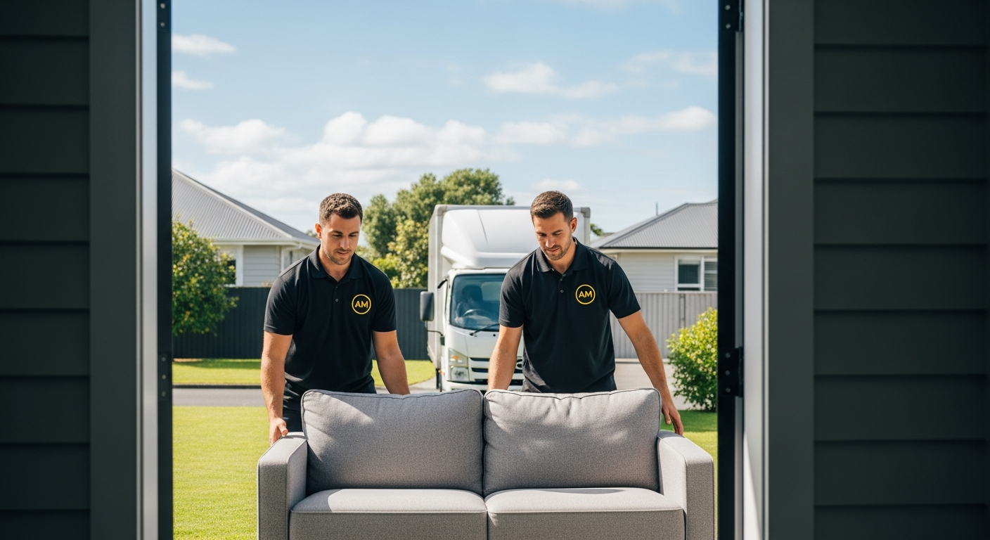 Two Auckland furniture movers carrying a sofa into a weatherboard home on a sunny day