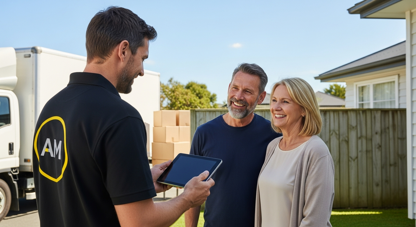 Auckland Movers professional showing a quote to a couple outside their New Zealand home